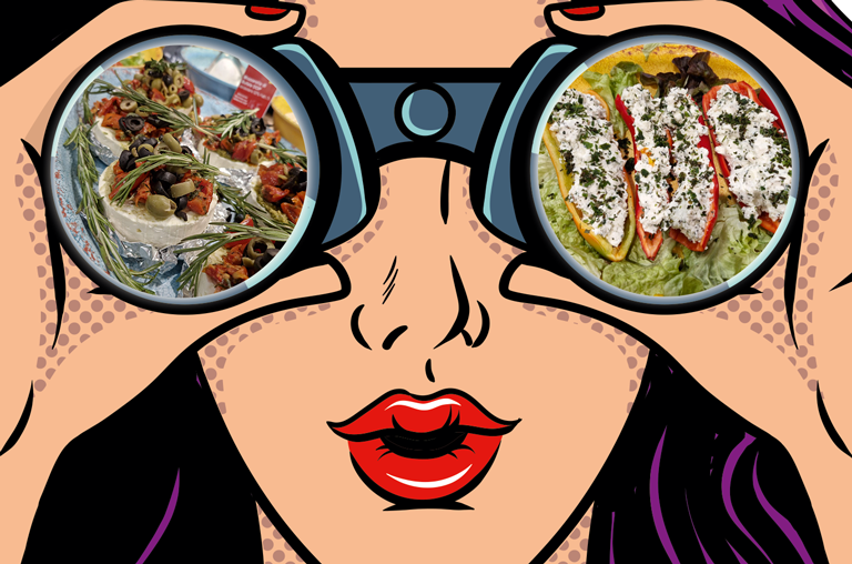 Grillkäse bei EDEKA Kutsche; Frau mit Fernglas in dessen Scheiben sich Grillkäseartikel spiegeln